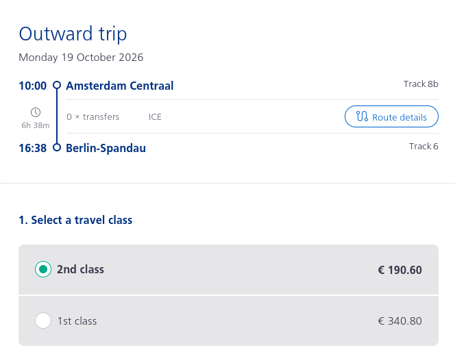 Direct Amsterdam Centraal to Berlin Spandau ICE train taking 6 hours and 38 minutes. First class is 350.80 euros and second clas is 190.60 euros.