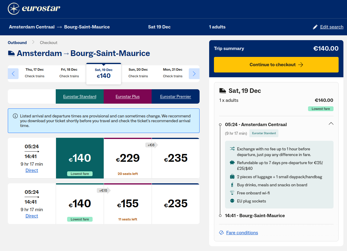 Amsterdam to Bourg-Saint-Maurice booking screen from Eurostar with a €140 ticket for 19 December 2026.
